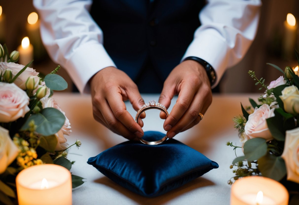 A person placing a wedding band on a velvet cushion, surrounded by elegant floral arrangements and soft candlelight
