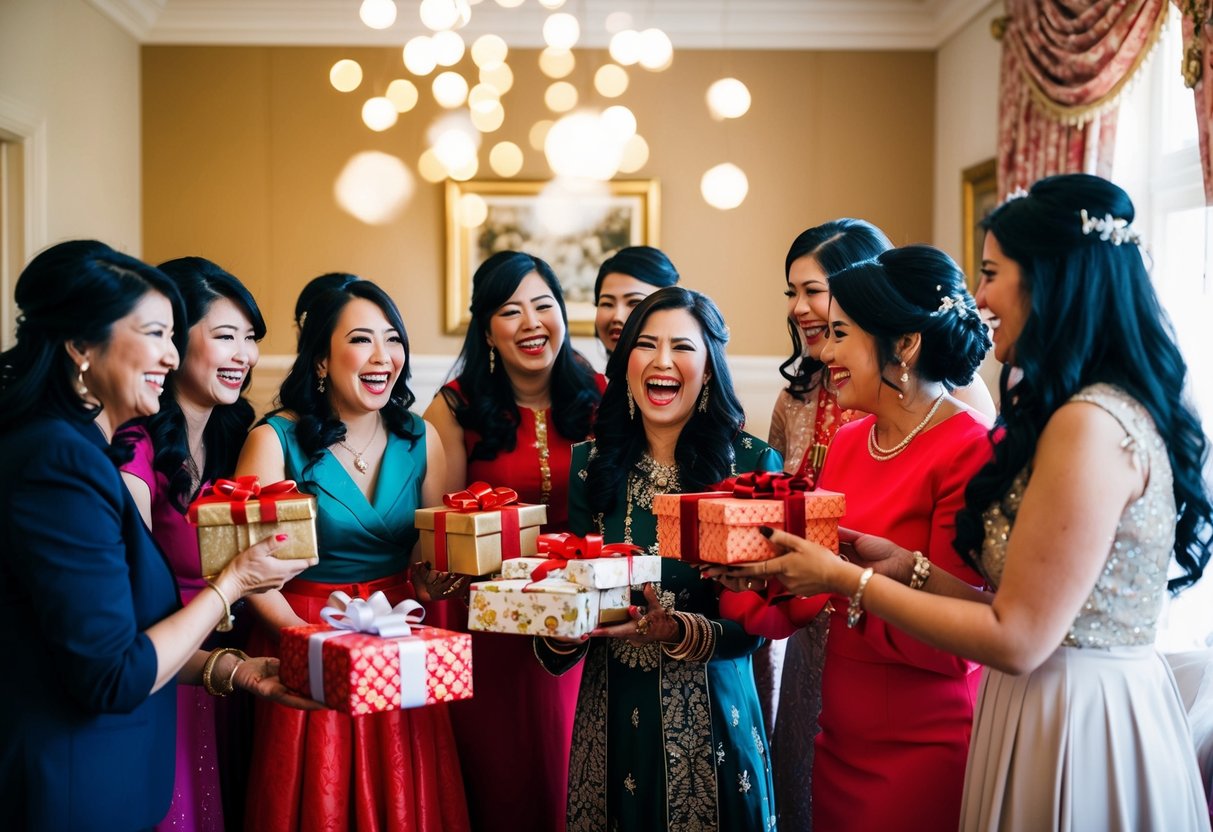 A group of women gather in a decorated room, presenting gifts and sharing laughter as they celebrate the upcoming marriage of a young woman