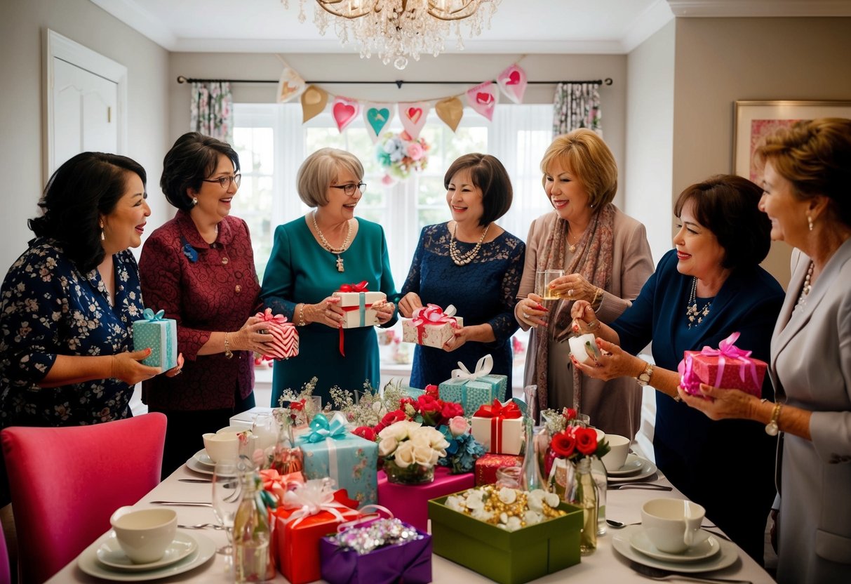 A group of women gather around a table filled with decorations, gifts, and refreshments, celebrating the upcoming wedding of the daughter