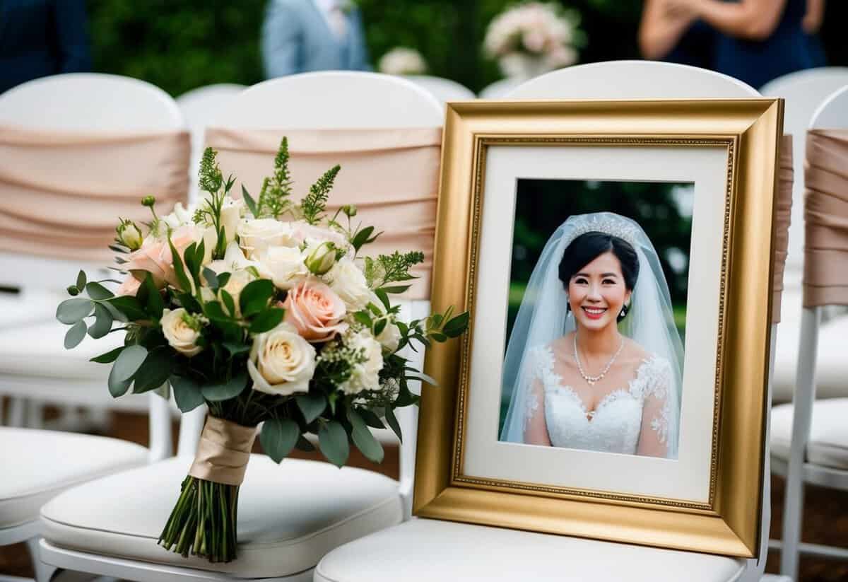 A bouquet of flowers and a framed photo of the mother of the bride placed on a reserved seat at the wedding ceremony