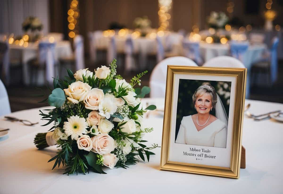 A bouquet of flowers and a framed photo of the mother of the bride placed on a special table at the wedding reception