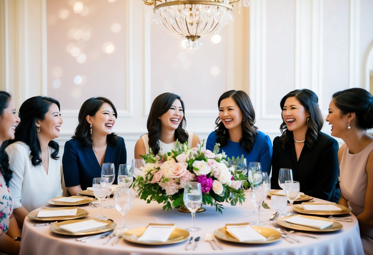 A group of women laughing and chatting around a beautifully decorated table with floral centerpieces and elegant place settings