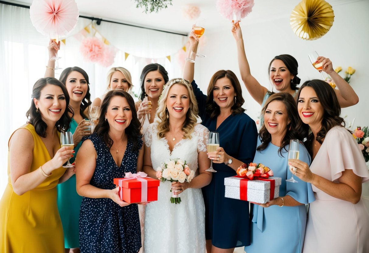 A group of women celebrating at a bridal shower, with decorations and gifts, but no wedding ceremony in sight