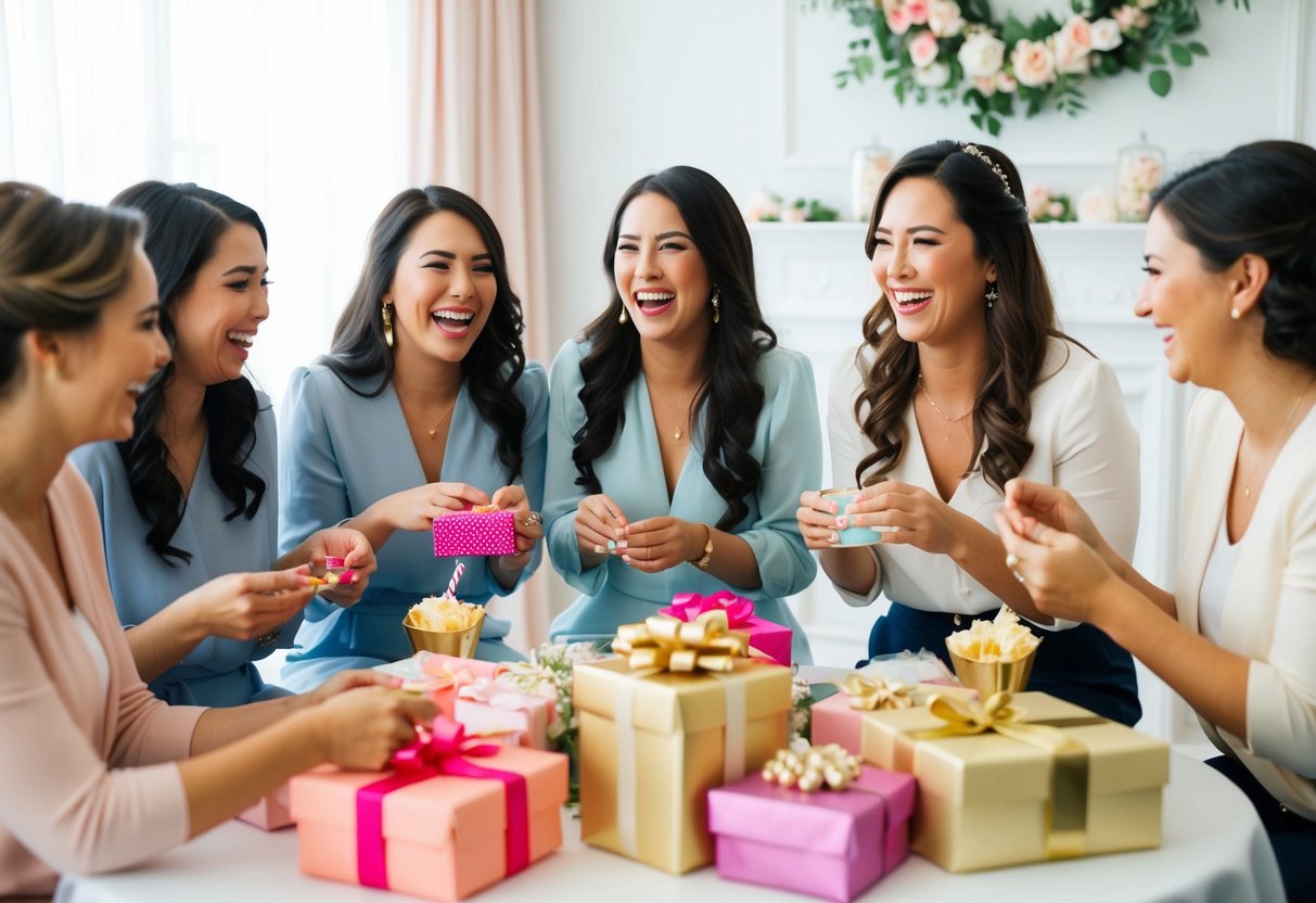 A group of women laughing and chatting while playing games, opening gifts, and enjoying refreshments at a beautifully decorated bridal shower