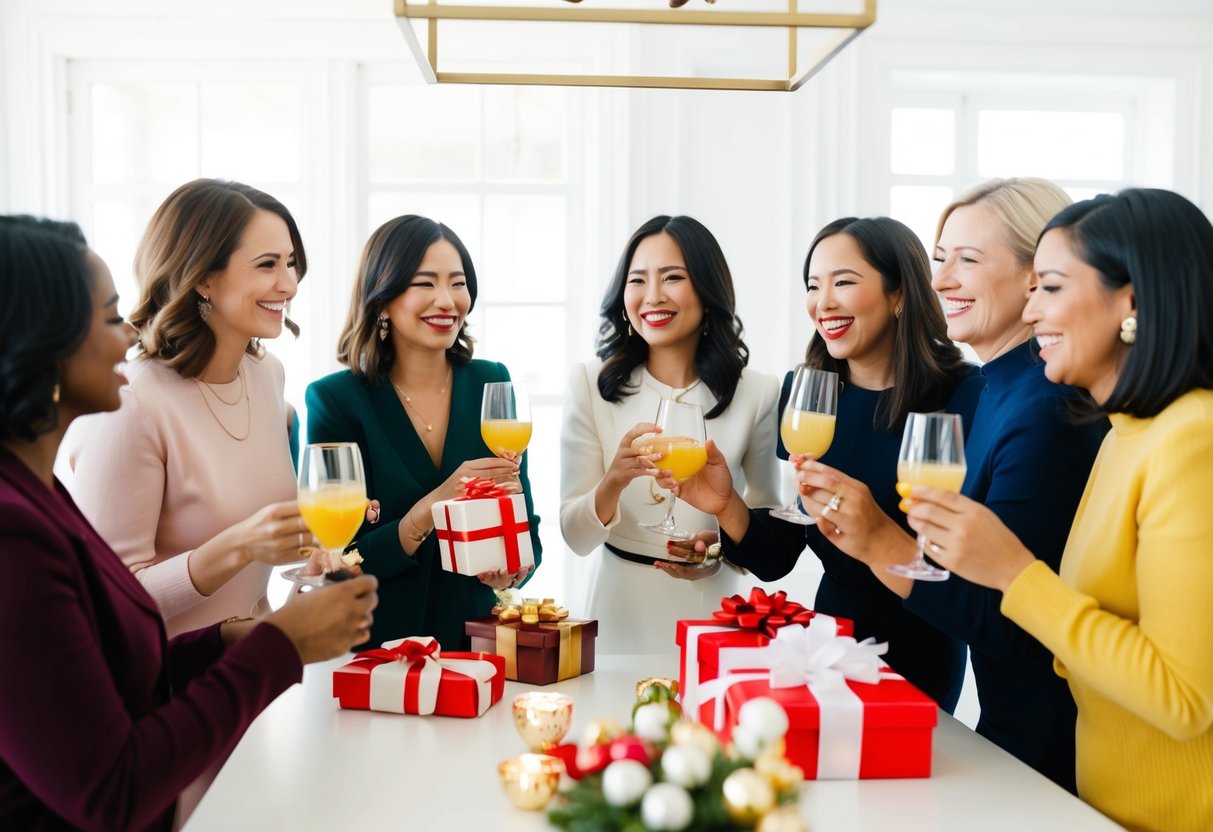 A group of women gathered in a bright, elegant space, sipping drinks and exchanging gifts with smiles and laughter