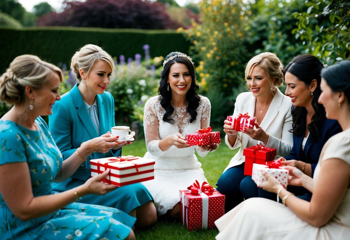 A group of women gather in a garden, sipping tea and exchanging gifts. A bride-to-be smiles as she opens presents, surrounded by friends and family