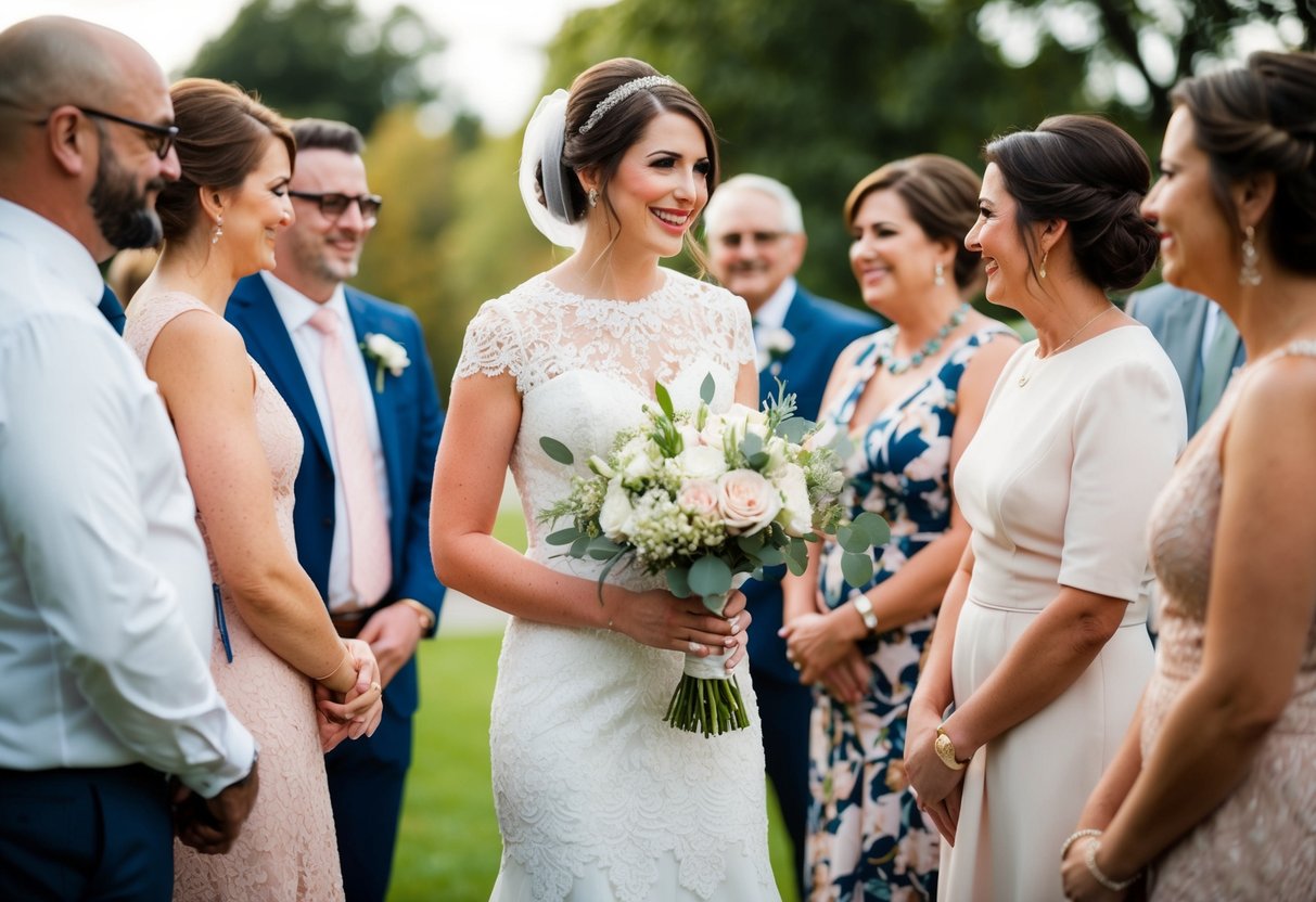 A bride wears a white lace dress, holding a bouquet, surrounded by friends and family at her bridal shower
