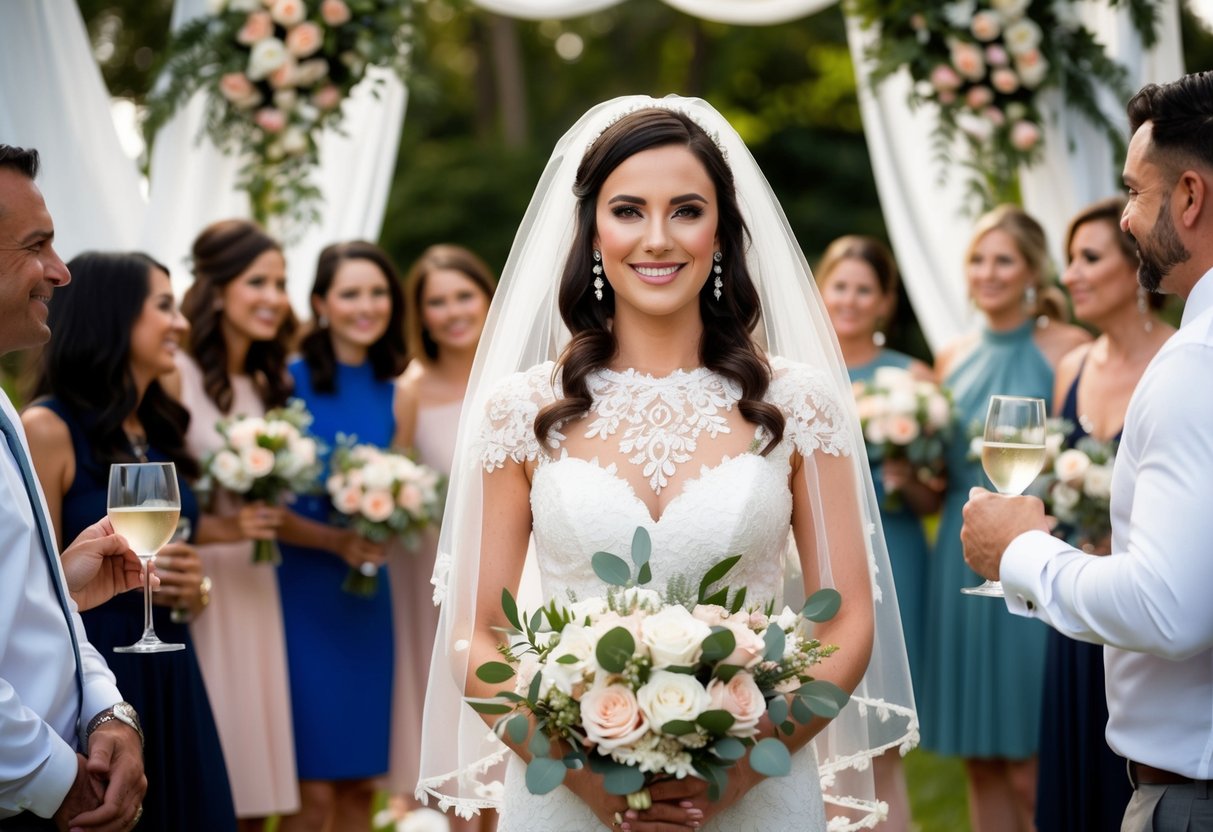 A bride wearing a white lace dress and veil, holding a bouquet of flowers, surrounded by friends and family at a beautifully decorated bridal shower