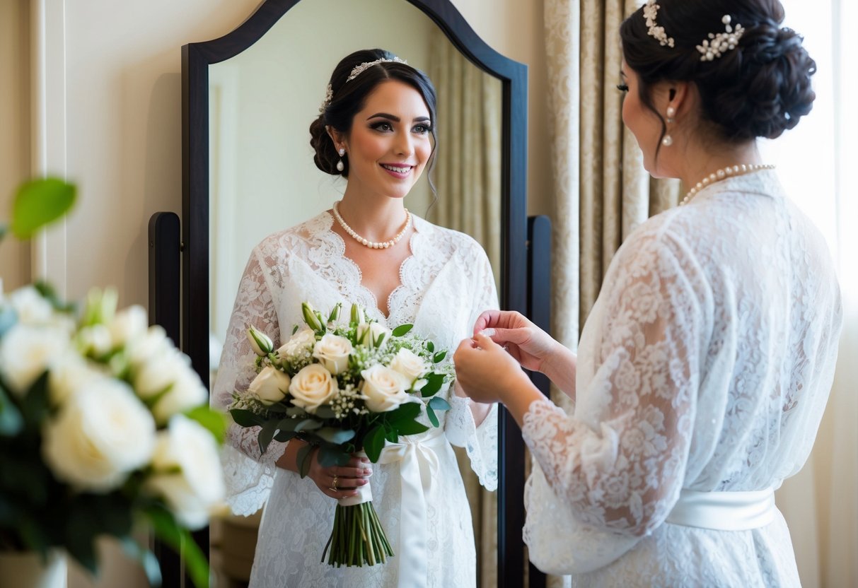 A bride wearing a white lace robe and holding a bouquet of flowers while standing in front of a mirror, trying on a delicate pearl necklace and matching earrings