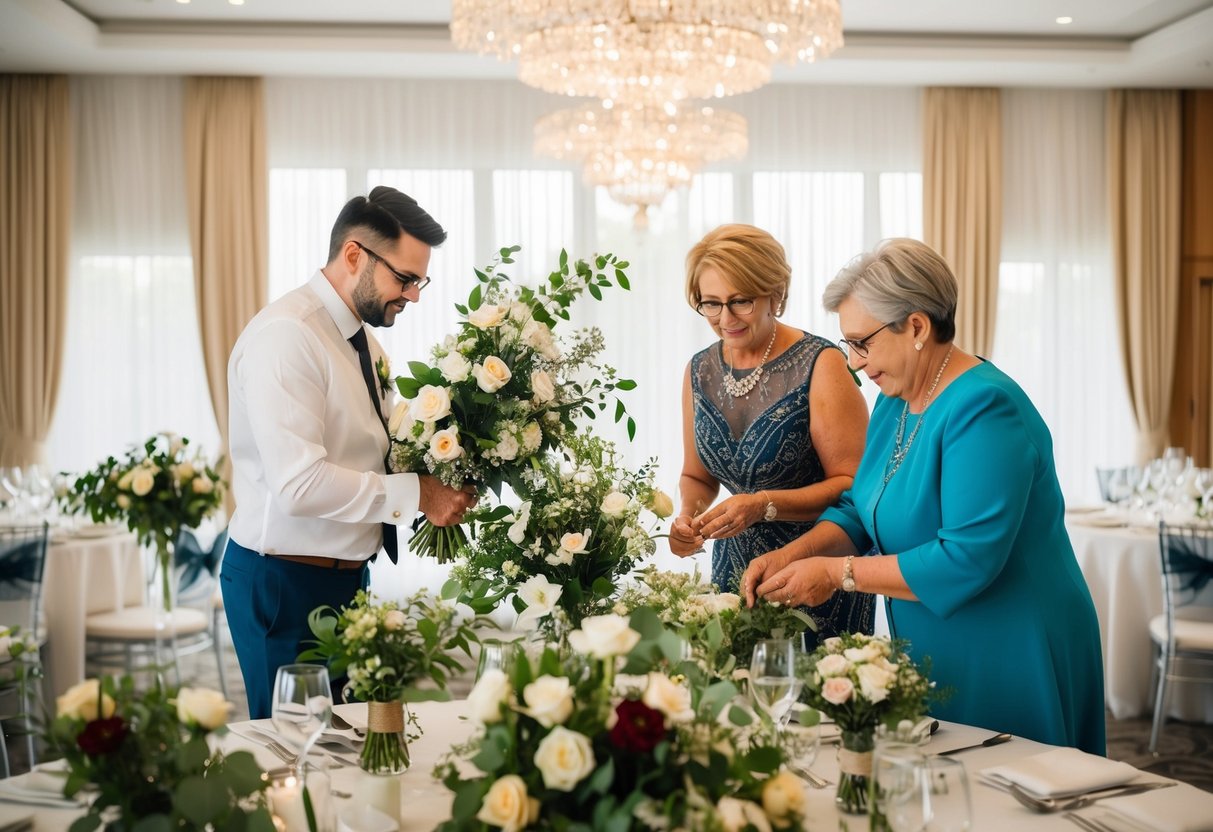The groom's parents prepare the wedding venue, arranging flowers and setting up decorations