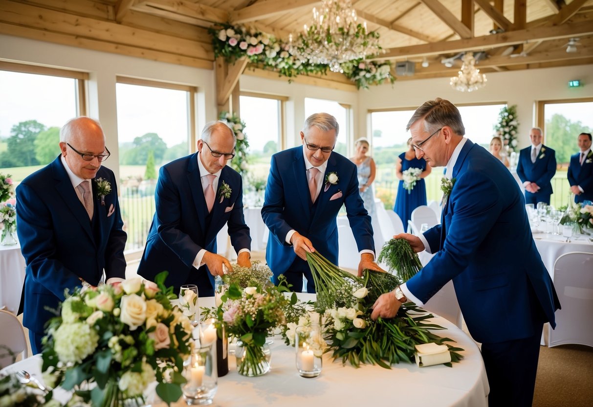 The groom's parents arrange flowers and decorations in the wedding venue, while overseeing final preparations and ensuring everything is in place for the ceremony