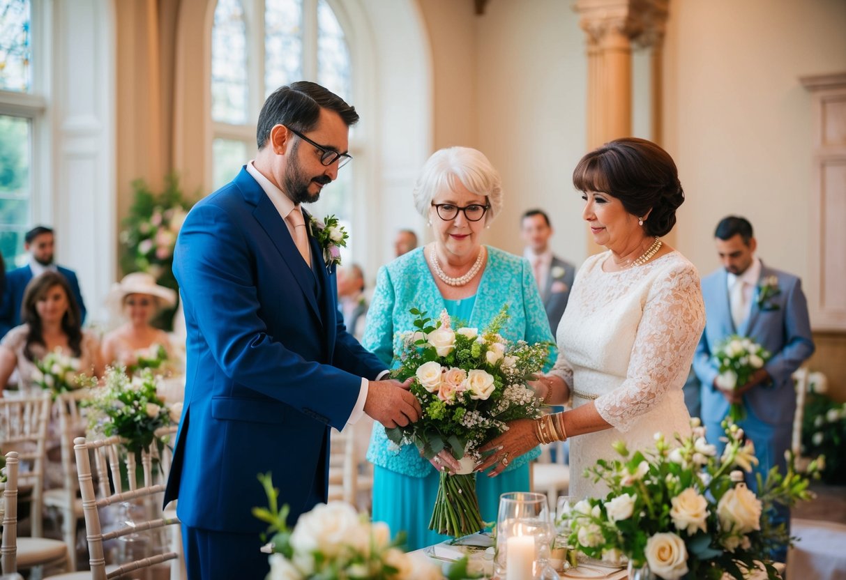 The groom's parents arrange flowers and decorations for the wedding ceremony