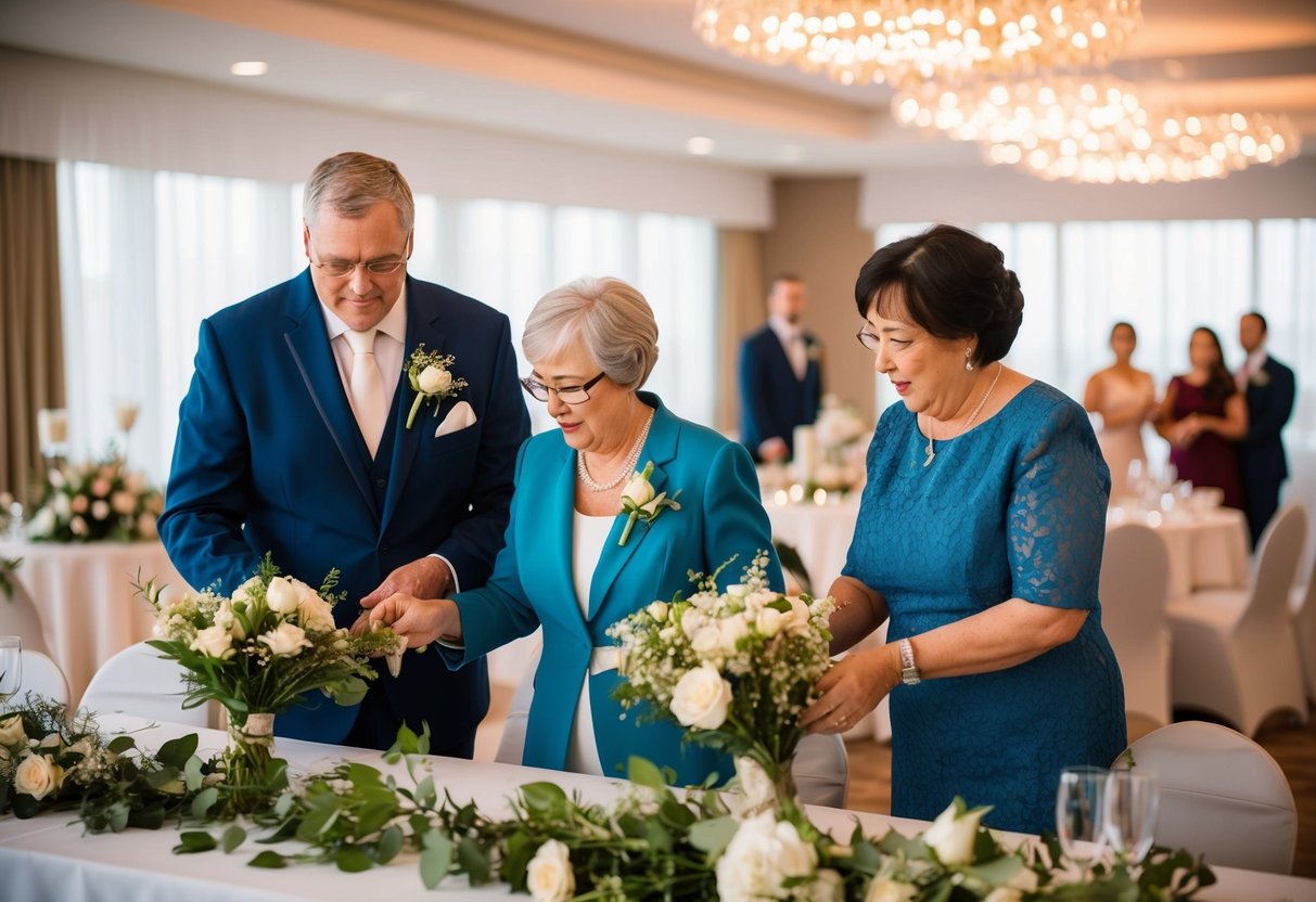 The groom's parents arrange flowers and set up the reception area on the day of the wedding