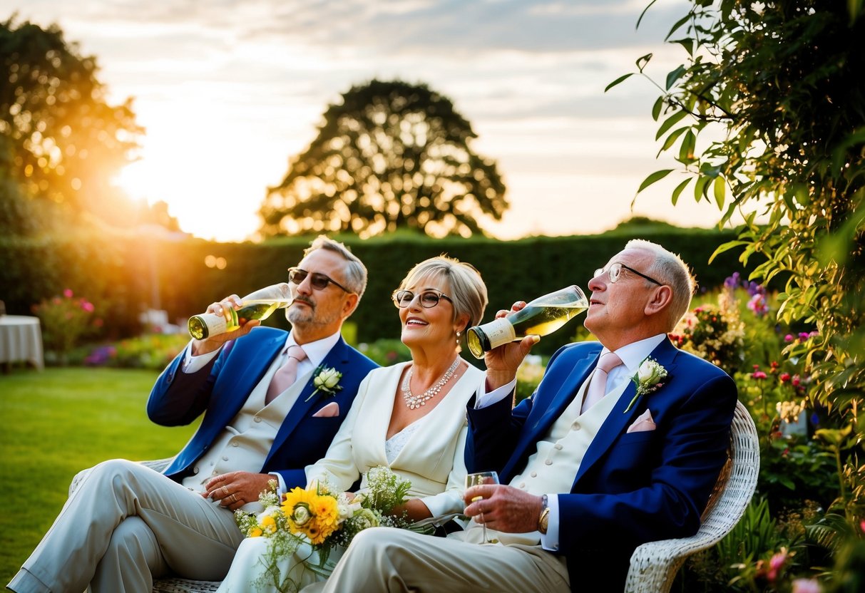 The groom's parents relax in their garden, sipping on champagne and reminiscing about the day's events. The sun sets behind them, casting a warm glow over the scene