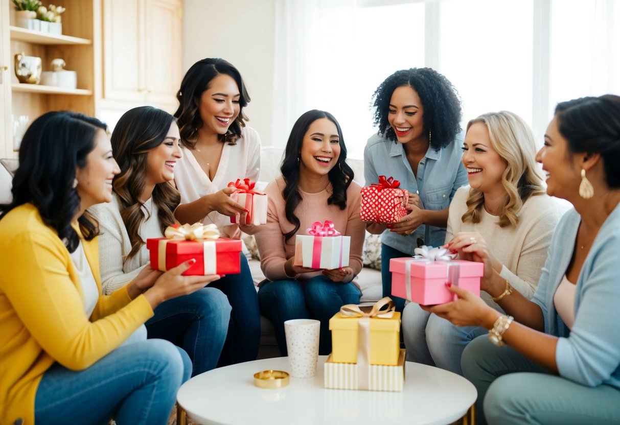 A group of women gather in a bright, cozy living room, exchanging gifts and laughter at a bridal shower