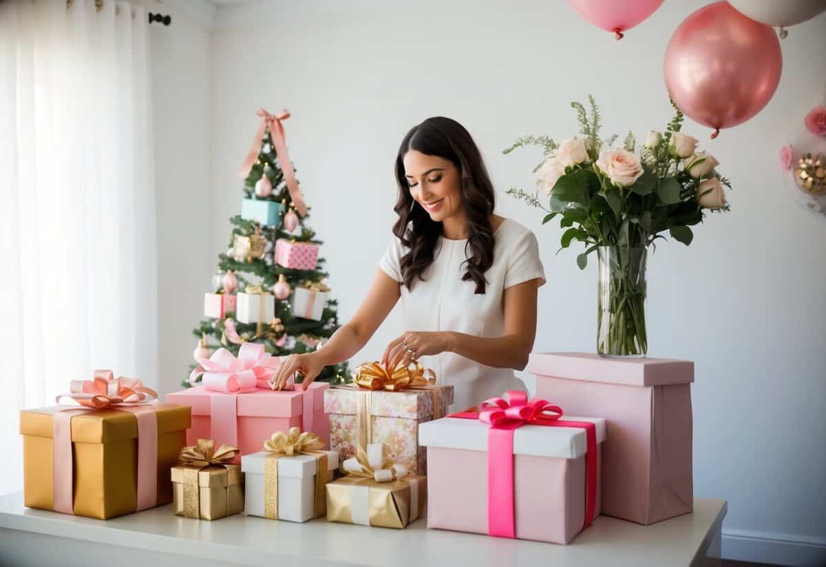 A woman arranging gifts and decorations at a bridal shower
