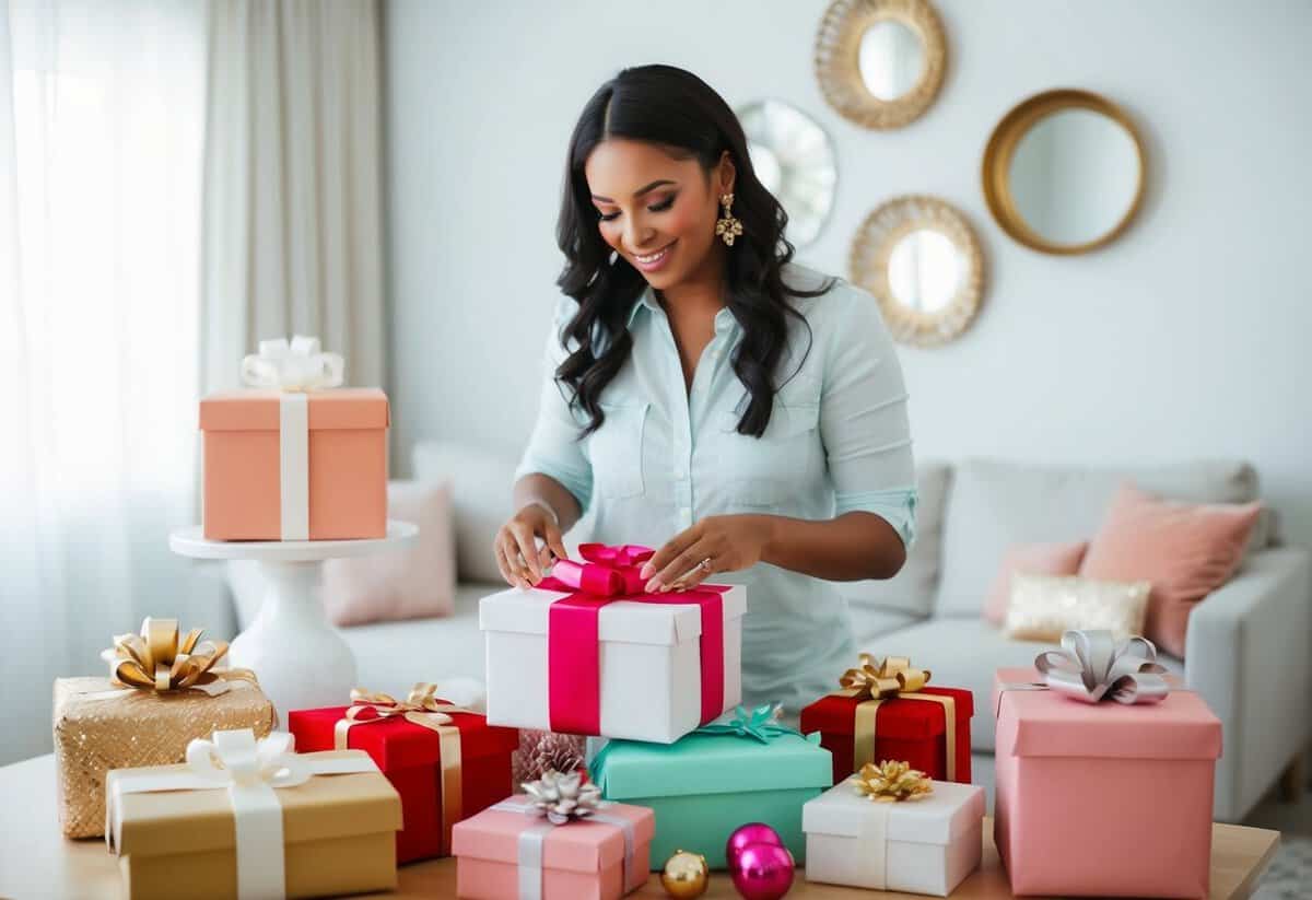 A woman organizing gifts and decorations for a bridal shower