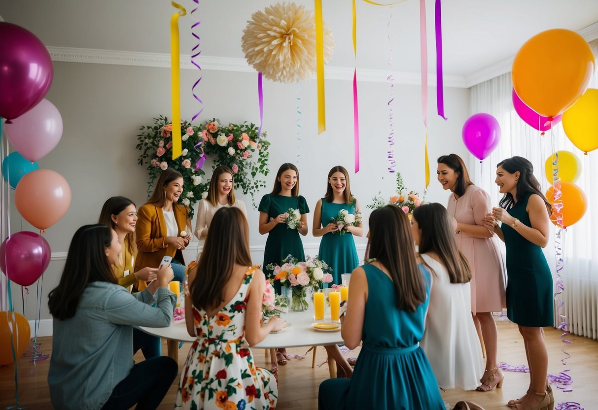 A group of friends gather to decorate a room with flowers, balloons, and streamers for a wedding shower celebration
