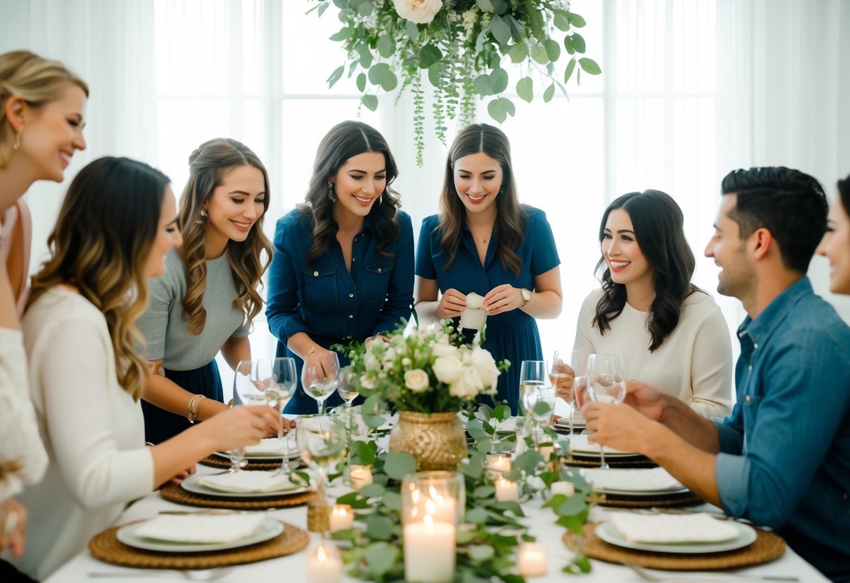 A group of friends gather to plan and decorate for a wedding shower