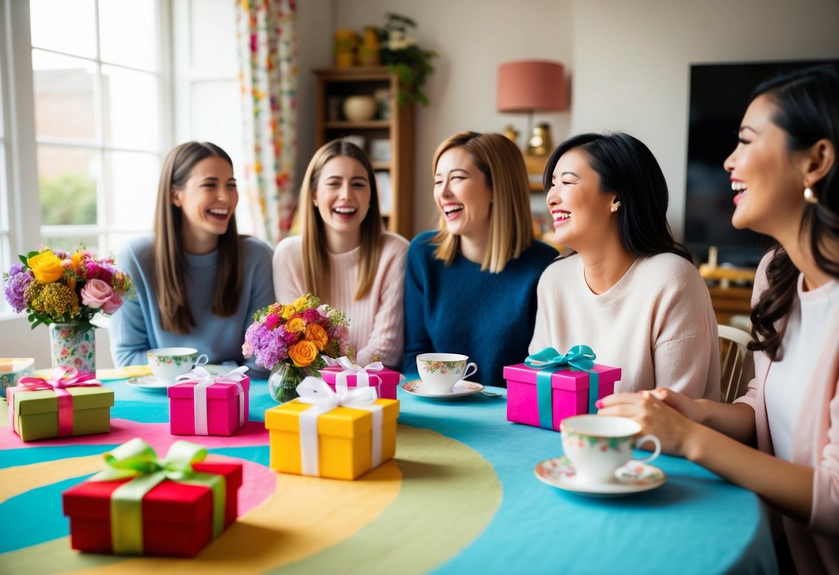A colorful table set with flowers, gifts, and delicate teacups. A group of women laughing and chatting in a cozy living room