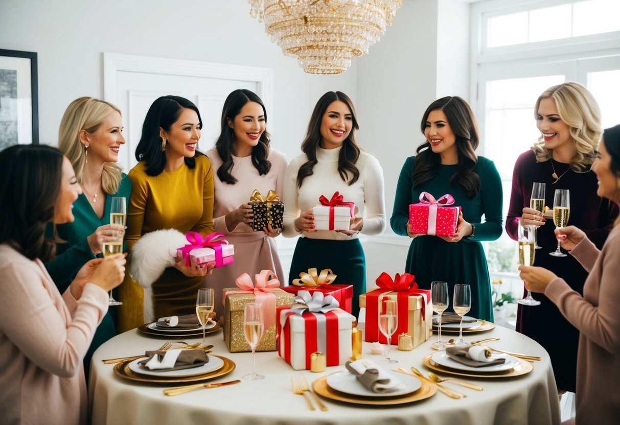 A group of women gather around a beautifully decorated table, chatting and laughing while opening gifts and sipping on champagne