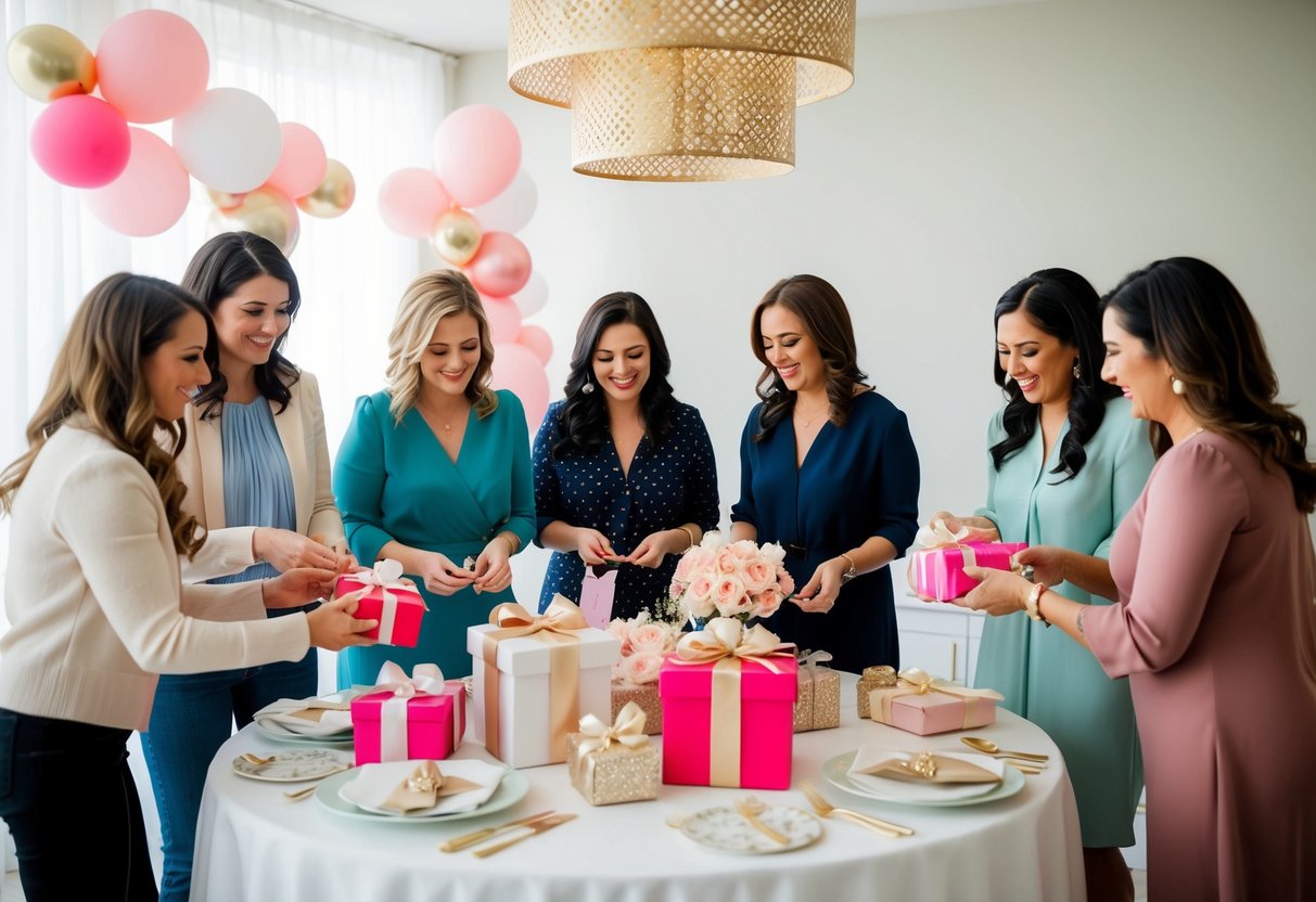 A group of women gathered around a table, arranging decorations and gifts for a bridal shower