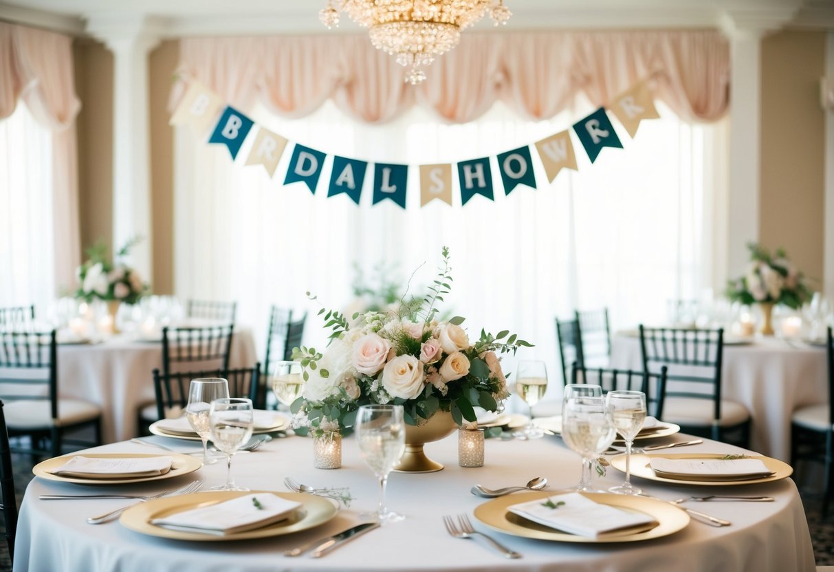A table set with elegant place settings, a floral centerpiece, and a decorative banner reading "Bridal Shower" hanging in the background