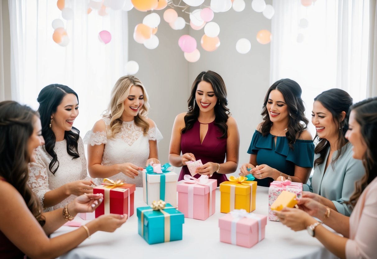 A group of women sitting around a table, playing bridal shower games and opening gifts