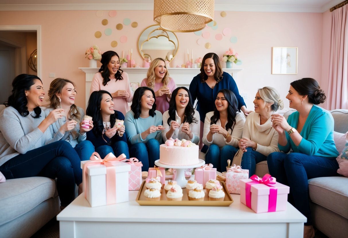 A group of women gather in a cozy living room, surrounded by pastel decorations and a table filled with gifts and treats. Laughter and conversation fill the air as they celebrate a bride-to-be