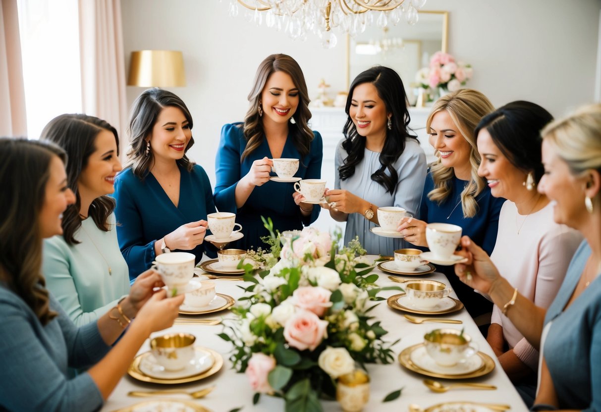 A group of women gathered around a beautifully decorated table, sipping tea and exchanging gifts at a bridal shower