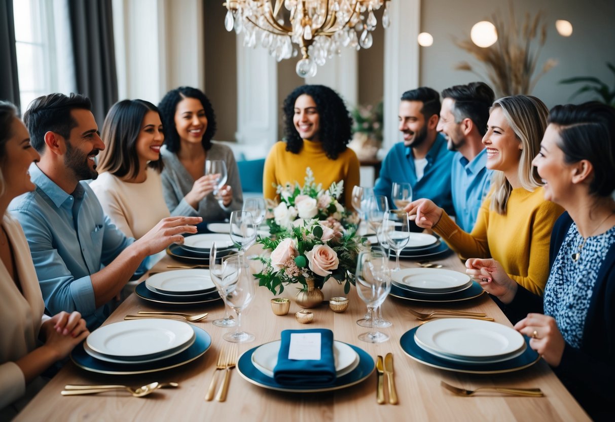 A table set with elegant dishes and decorations, surrounded by a group of friends and family chatting and laughing