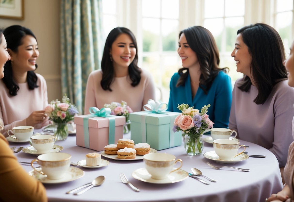 A table set with tea cups, scones, and flowers. Gifts wrapped in pastel paper and ribbons. A group of women chatting and laughing