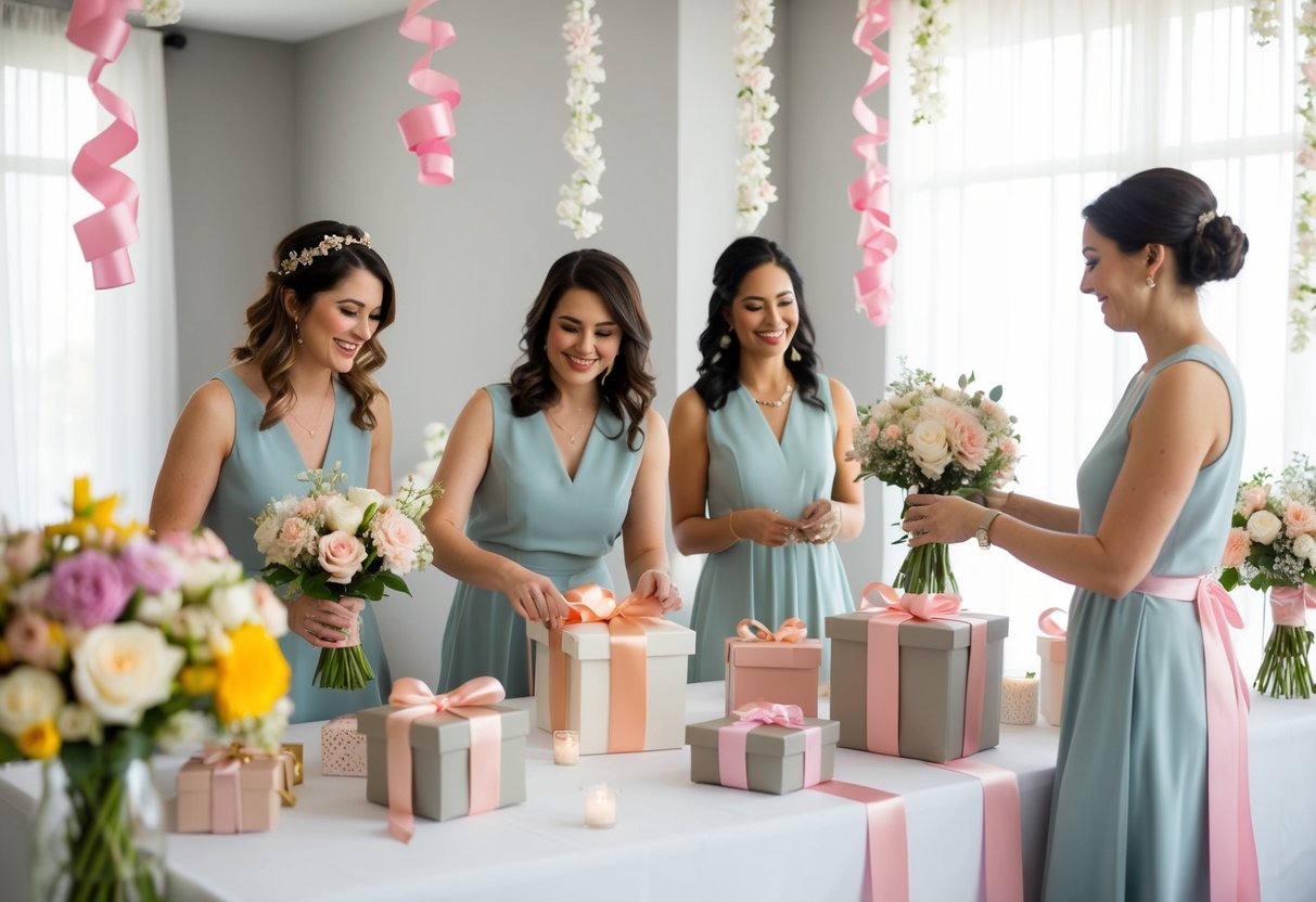 A group of women setting up a decorated space with flowers, ribbons, and gifts for a bridal shower celebration