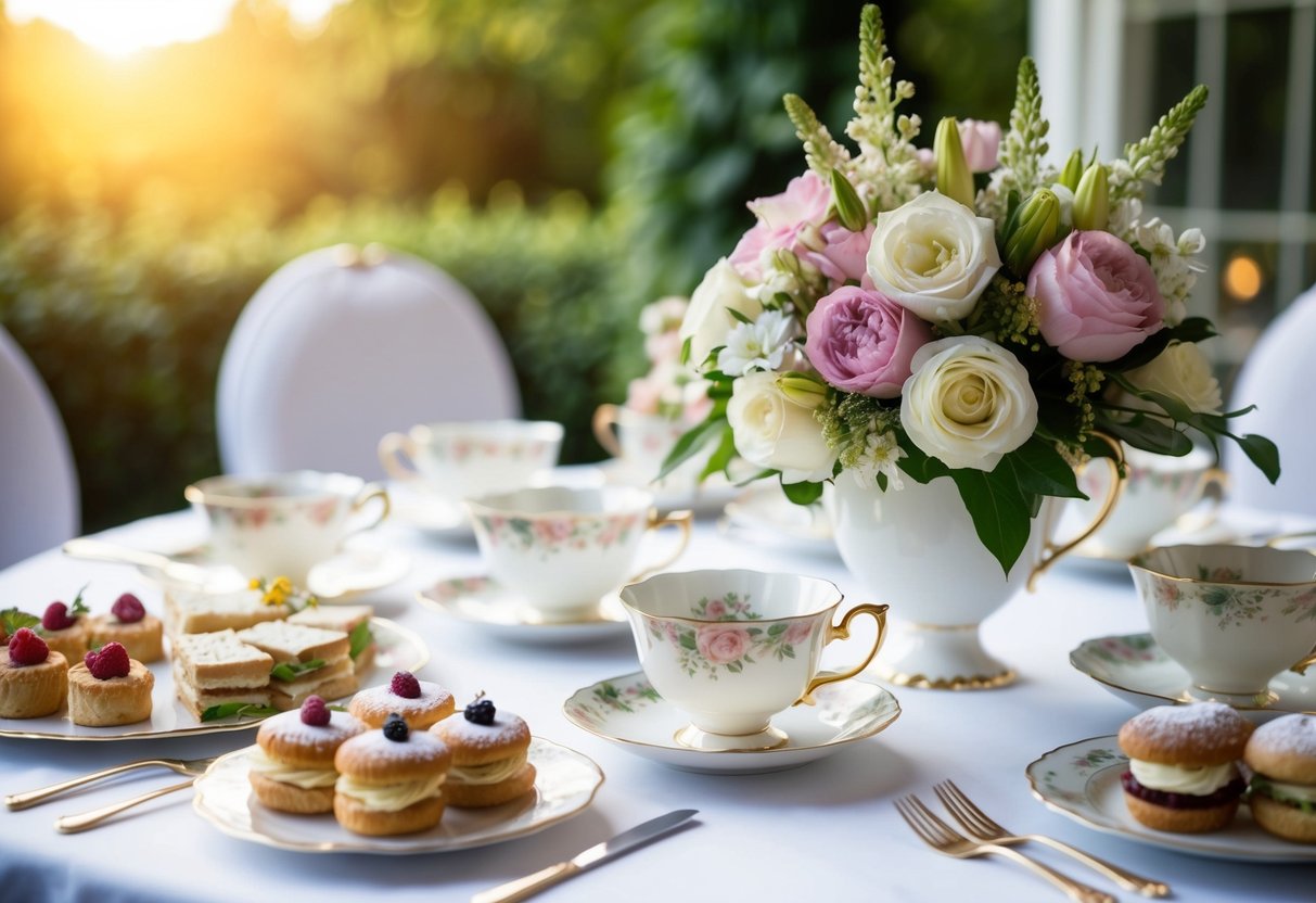 A table set with elegant tea cups, floral centerpieces, and a spread of pastries and finger sandwiches