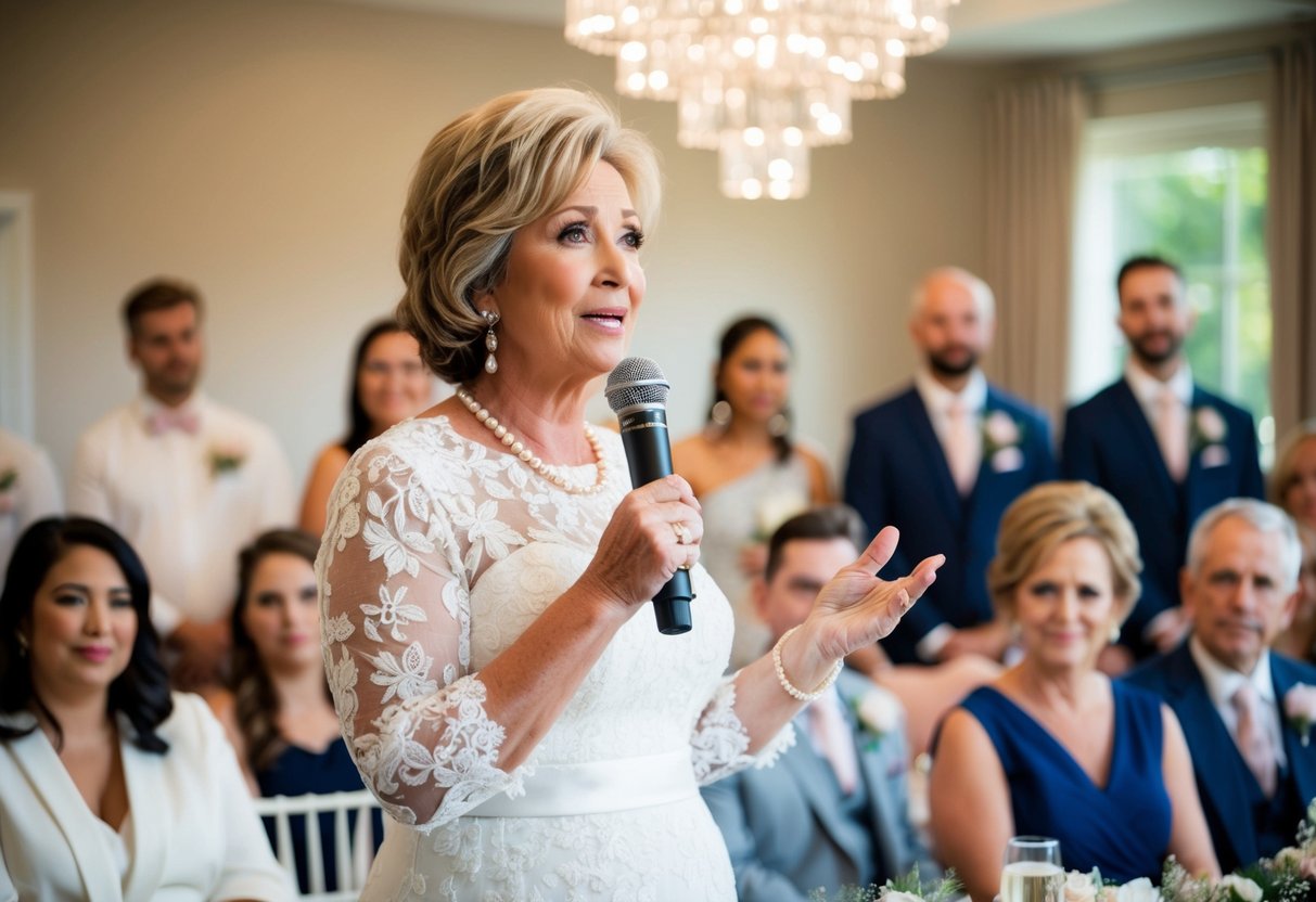 The mother of the bride stands at the front of the room, holding a microphone and addressing the guests at the bridal shower. She speaks with emotion and sincerity, sharing her love and well wishes for the couple