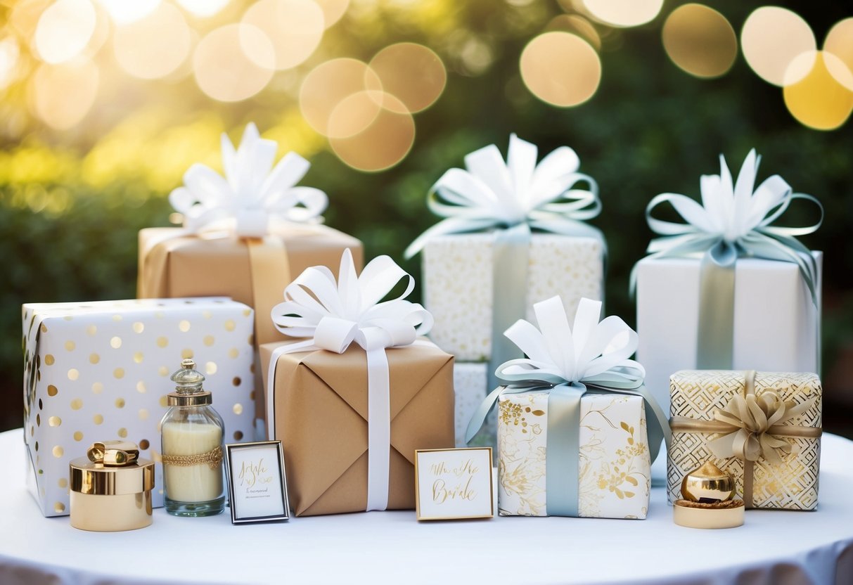 A table set with gifts wrapped in elegant paper and ribbons, including kitchenware, home decor, and sentimental items for the bride