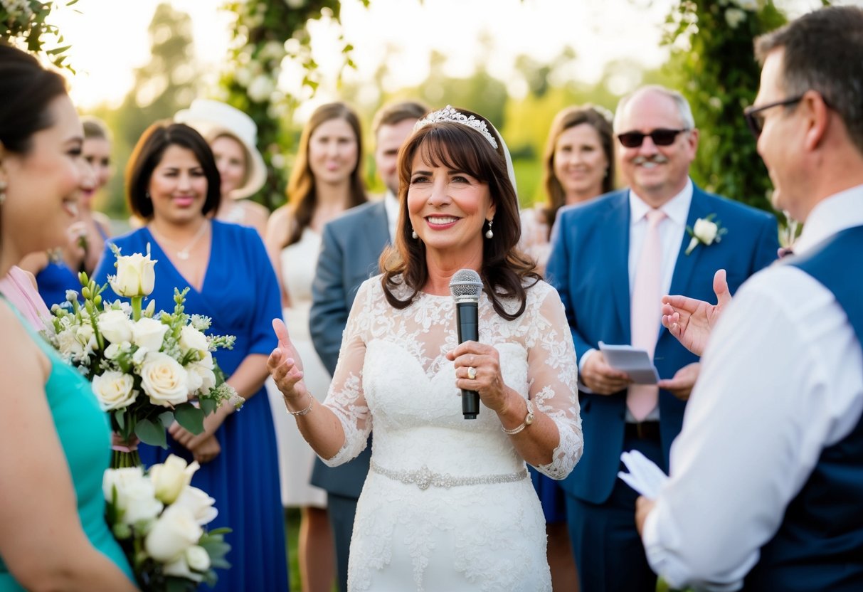 A mother of the bride stands among guests at a bridal shower, holding a microphone and smiling as she prepares to give a speech