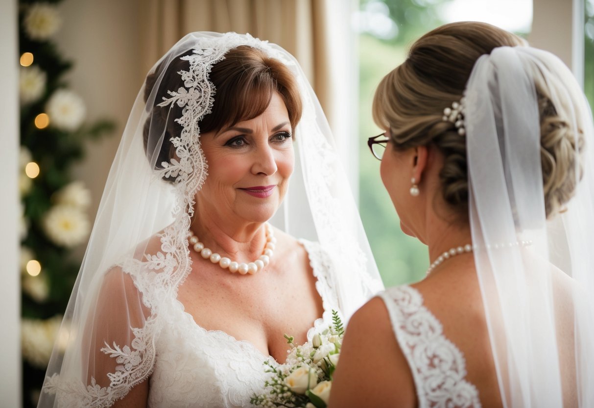 A mother-in-law presents a delicate lace veil and a vintage pearl necklace at the bridal shower