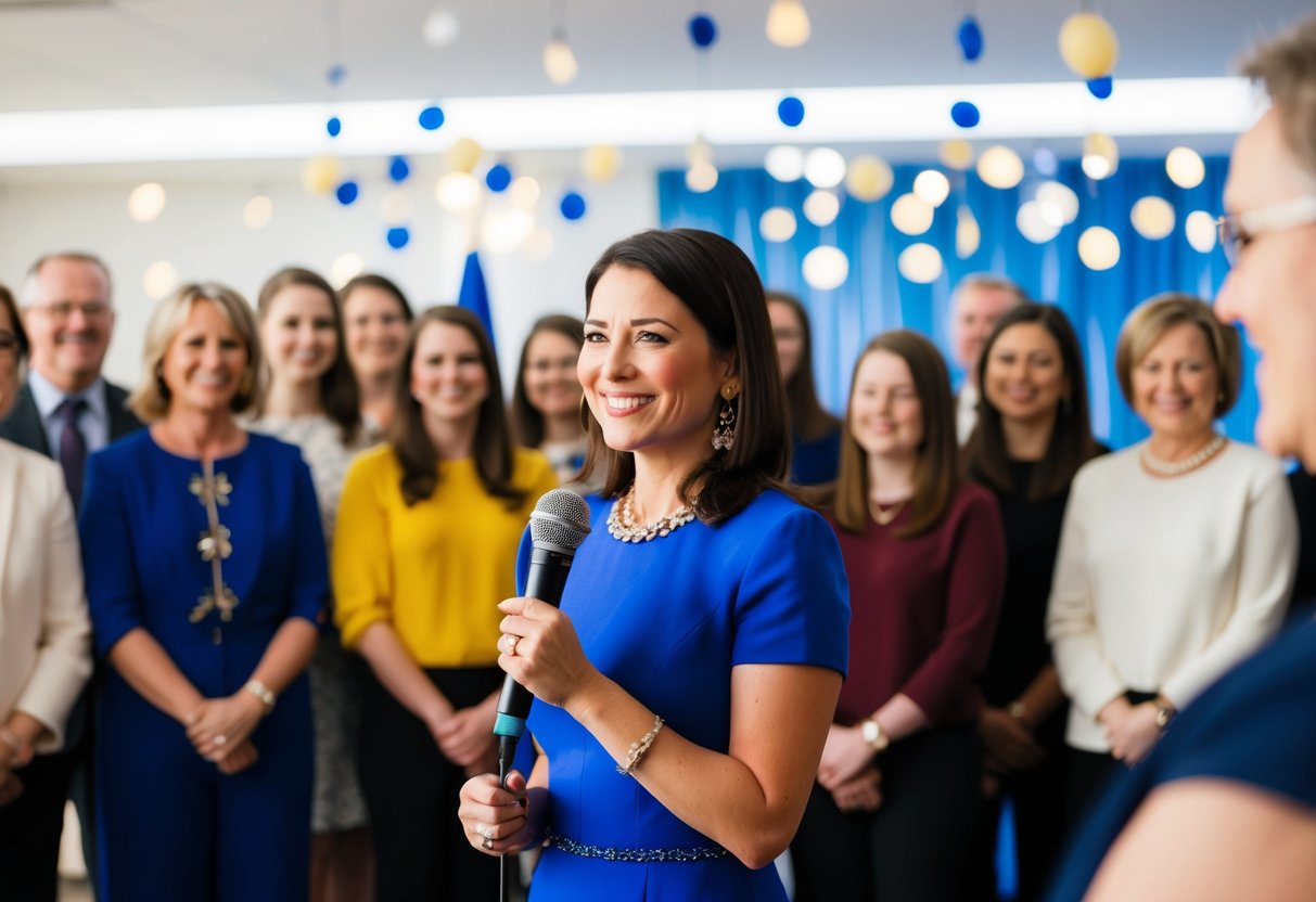 A woman stands before a group, holding a microphone, surrounded by decorations and smiling faces