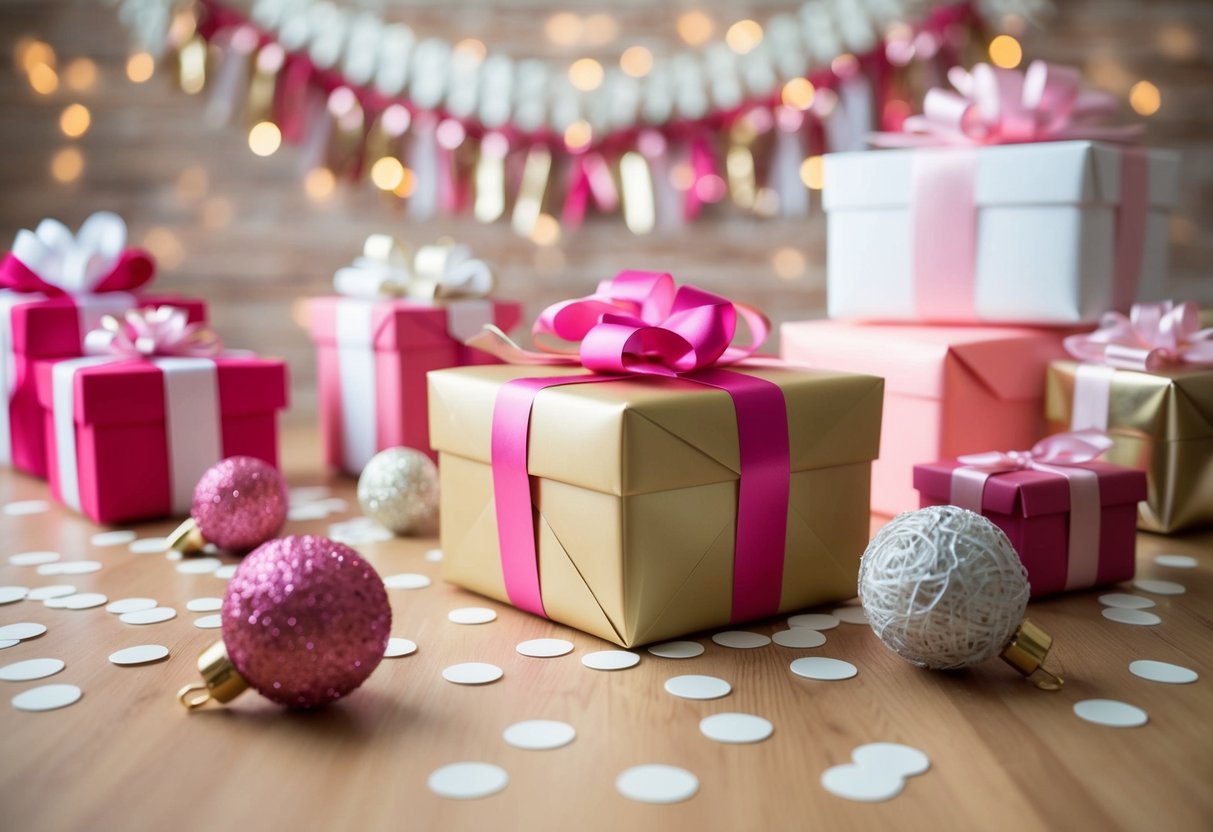 A beautifully wrapped gift box surrounded by elegant bridal shower decorations