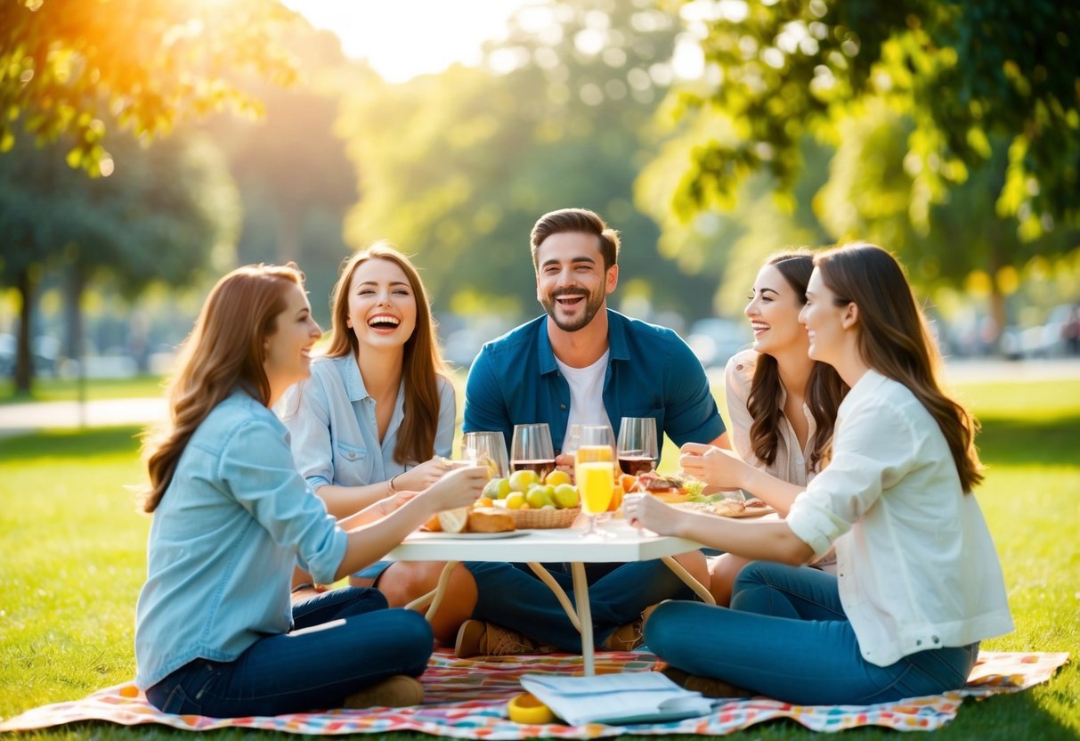 A group of friends sitting around a table, laughing and enjoying a casual picnic in a sunlit park