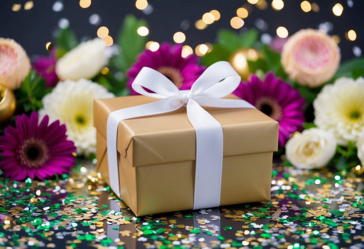 A beautifully wrapped gift box with a ribbon and bow, surrounded by floral decor and sparkling confetti