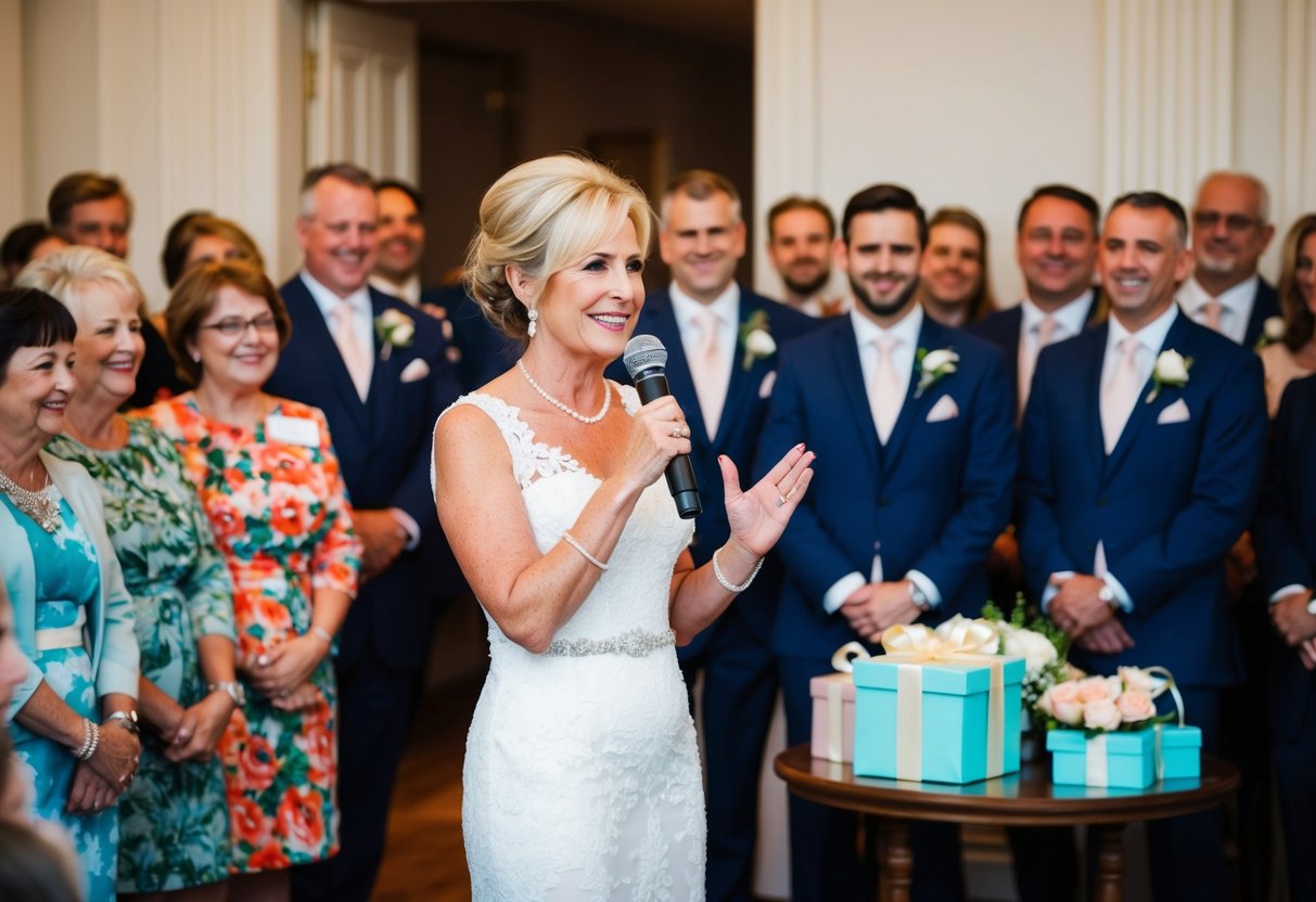 The mother of the bride stands at the front of the room, surrounded by smiling guests. She holds a microphone and gestures as she speaks. A table with gifts and flowers sits nearby