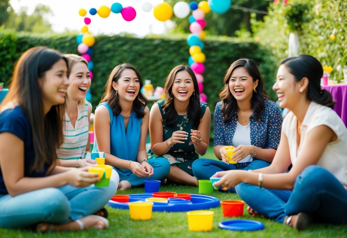 A group of women laughing and playing outdoor games in a garden, with colorful decorations and refreshments set up nearby
