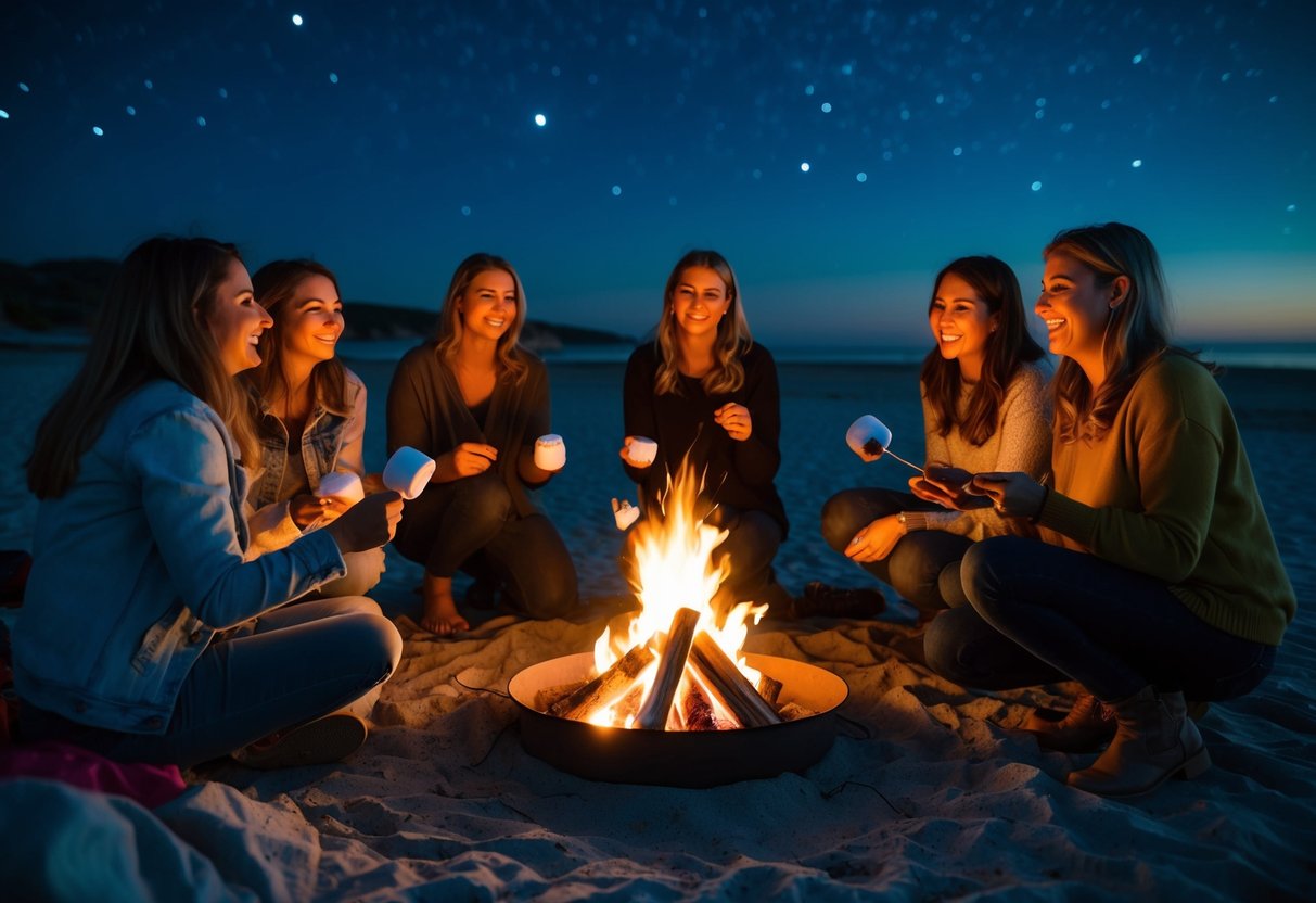 A group of women gathered around a campfire on a remote beach, toasting marshmallows and laughing under the stars