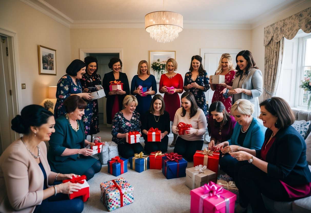 A group of women gather in a decorated room, opening gifts and playing games to celebrate an upcoming wedding in the UK