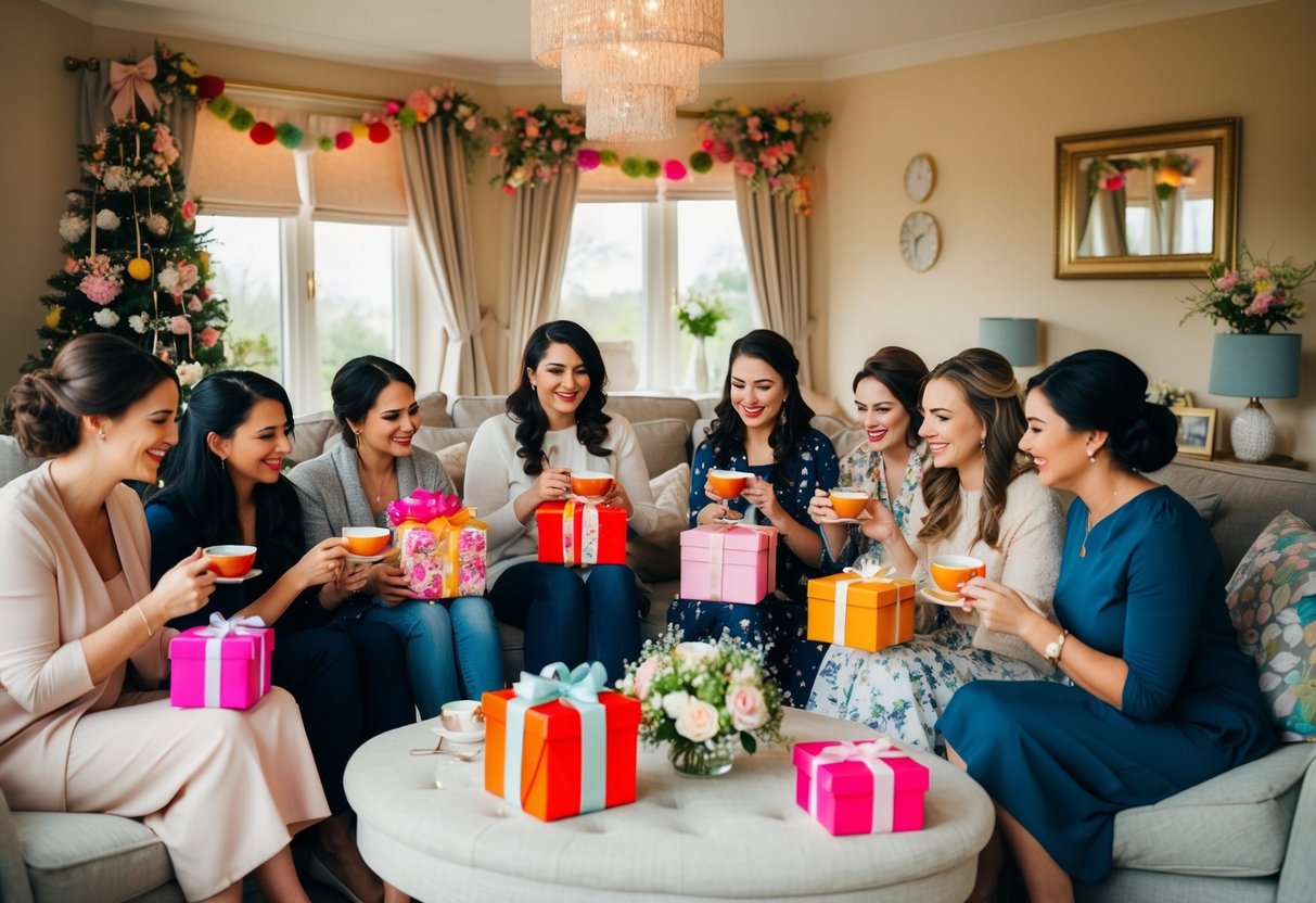 A group of women gather in a cozy living room, sipping tea and exchanging gifts for the bride-to-be. Decorations and floral arrangements add to the festive atmosphere