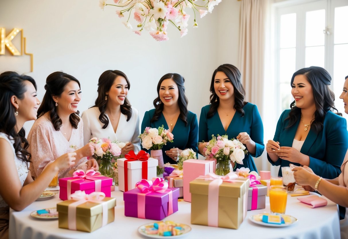 A group of women gather around a table filled with gifts and flowers, chatting and laughing as they play games and enjoy refreshments during a bridal shower