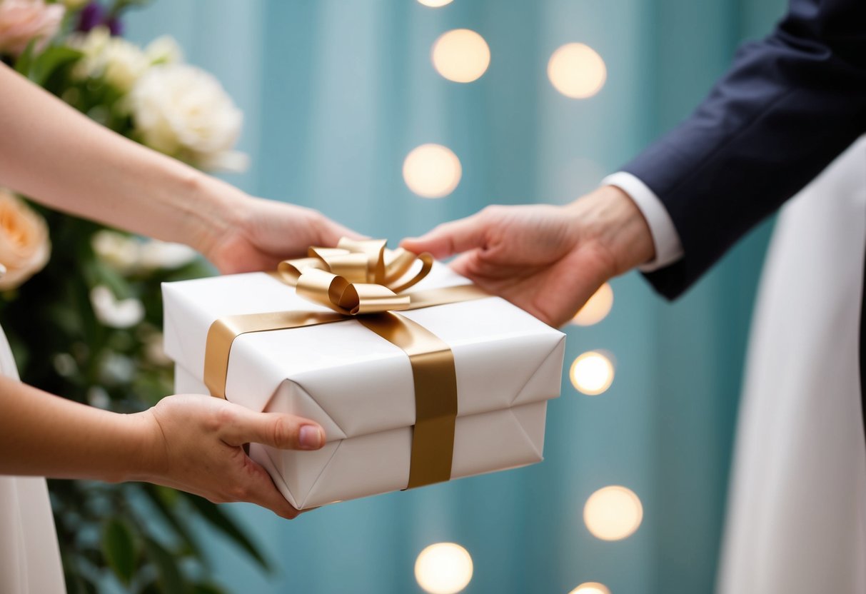 A wrapped gift box being handed from one person to another at a bridal shower