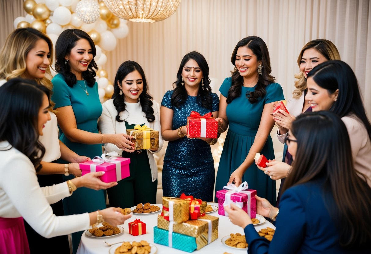 A group of women gather in a decorated space, exchanging gifts and playing games to celebrate an upcoming wedding